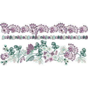 Dual Floral Lace Border Embroidery with Layered Blossom Bands and Decorative Leaf Detailing