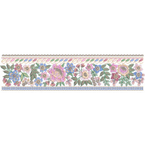 Vibrant Floral Lace Border Embroidery with Dense Blossom Arrangement and Decorative Edge Bands