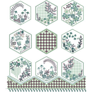 Geometric Floral Lace Embroidery Design with Hexagon Motifs and Decorative Lattice Border