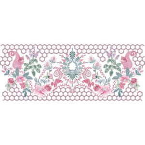 Ornamental Floral Lace Border Embroidery with Honeycomb Background and Bird Motif Detailing