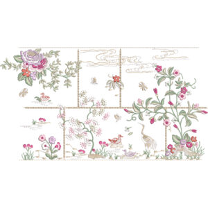 Scenic Floral Lace Embroidery Design with Bird Motifs and Decorative Panel Composition
