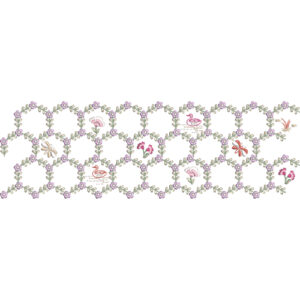 Floral Hexagon Lace Border Embroidery with Bird Motifs and Delicate Vine Framework