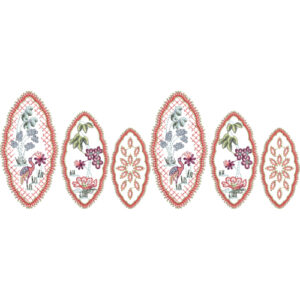 Ornamental Oval Lace Embroidery Design with Floral Motifs and Decorative Bird Elements