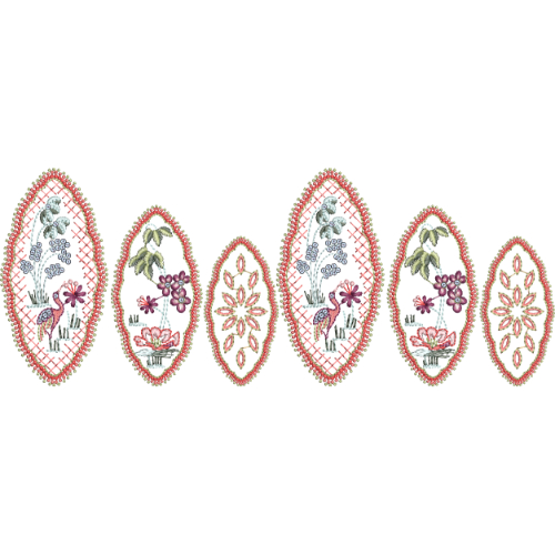 Ornamental Oval Lace Embroidery Design with Floral Motifs and Decorative Bird Elements