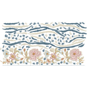 Elegant Floral Border Embroidery with Flowing Wave Motifs and Botanical Detailing