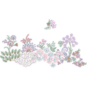 Delicate Floral Embroidery Composition with Paisley Accent and Decorative Botanical Elements