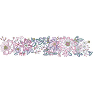 Elegant Floral Embroidery Border with Layered Blossoms and Fine Botanical Detailing
