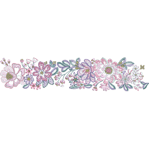Elegant Floral Embroidery Border with Layered Blossoms and Fine Botanical Detailing