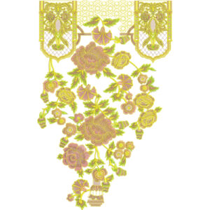 Ornate Floral Neckline Embroidery Design with Symmetrical Panels, Hanging Tassel Motifs, and Dense Thread Detailing