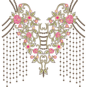 Luxurious Floral Neckline Embroidery Design with Ornamental Scrolls and Beaded Tassel Drapes