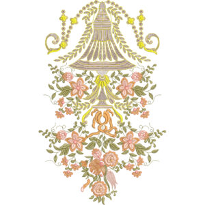 Ornamental Neckline Embroidery Design with Regal Motif, Floral Arrangement, and Symmetrical Detailing