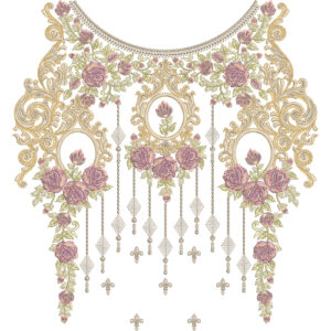Luxury Rose Neckline Embroidery Design with Ornate Scrollwork and Hanging Jewel Tassel Elements