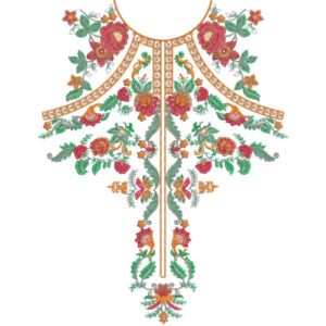Vibrant Floral Neckline Embroidery Design with Symmetrical Vines and Decorative Panel Detailing