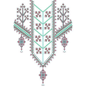 Geometric Tribal Neckline Embroidery Design with Symmetrical Motifs and Linear Detailing