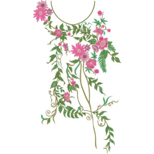 Elegant Asymmetrical Floral Neckline Embroidery Design with Flowing Vines and Blooming Flowers