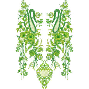 Symmetrical Green Floral Neckline Embroidery Design with Paisley Motifs and Ornamental Vine Detailing