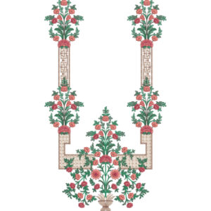 Structured Floral Neckline Embroidery Design with Geometric Panels and Symmetrical Rose Arrangement