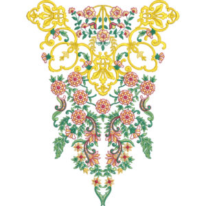 Ornate Floral Neckline Embroidery Design with Golden Scrollwork and Symmetrical Blossom Arrangement