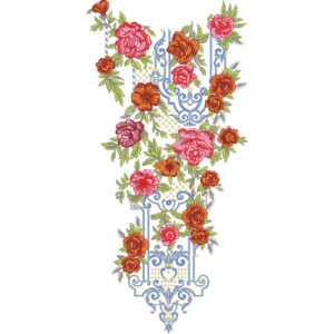 Elegant Rose Neckline Embroidery Design with Ornamental Blue Scrollwork and Layered Floral Arrangement