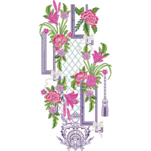 Decorative Floral Panel Neckline Embroidery Design with Geometric Frame and Tassel Accents
