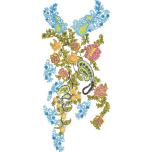 Artistic Paisley Floral Neckline Embroidery Design with Ornamental Blue Scrollwork