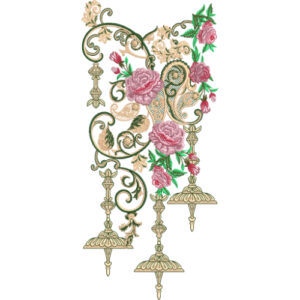 Elegant Paisley Floral Neckline Embroidery Design with Ornamental Scrolls and Hanging Tassel Elements