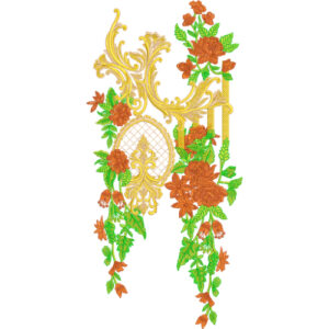 Ornamental Floral Neckline Embroidery Design with Golden Scrollwork and Cascading Blossom Arrangement