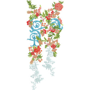 Artistic Floral Neckline Embroidery Design with Ornamental Blue Scrolls and Layered Blossom Detailing