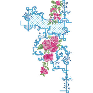 Ornamental Floral Neckline Embroidery Design with Blue Geometric Frame and Rose Clusters