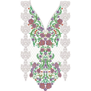 Elegant V-Neck Floral Embroidery Design with Ornamental Side Panels and Symmetrical Motif Arrangement