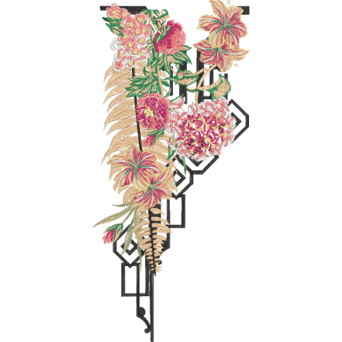 Contemporary Floral Neckline Embroidery Design with Abstract Geometric Framework and Tropical Blossom Elements
