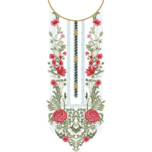 Elegant Placket Neckline Embroidery Design with Vertical Panel Detailing and Floral Arrangement