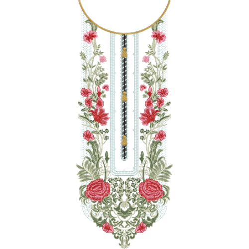 Elegant Placket Neckline Embroidery Design with Vertical Panel Detailing and Floral Arrangement