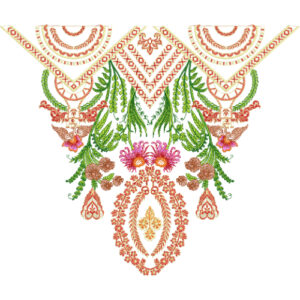 Ornamental Neck Embroidery Design with Layered Geometric Yoke and Floral Vine Composition