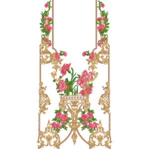 Luxury Baroque Neck Embroidery Design with Rose Floral Arrangement and Ornate Scroll Detailing