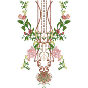 Delicate Floral Neck Embroidery Design with Beaded Vertical Detailing and Ornamental Pendant Motif