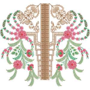 Floral Neck Embroidery Design with Layered Geometric Panel and Flowing Leafy Branch Motifs