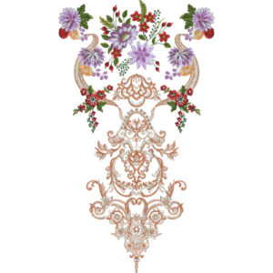 Ornate Floral Neck Embroidery Design with Decorative Scrollwork and Multi-Color Blossom Arrangement