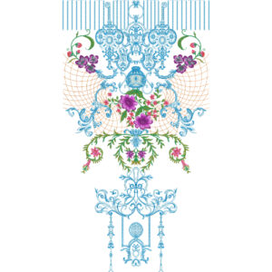 Decorative Neck Embroidery Design with Ornamental Blue Scrollwork, Floral Accents, and Net-Inspired Detailing