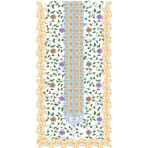 Classic Floral Neck Embroidery Design with Central Panel Detailing and Ornamental Vine Borders
