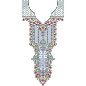 Elegant V-Shaped Neck Embroidery Design with Floral Border Accents and Intricate Central Panel