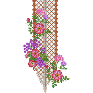 Asymmetrical Floral Neck Embroidery Design with Lattice Base and Vibrant Blossom Arrangement