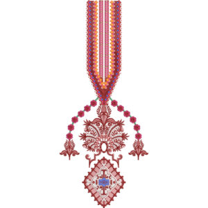 Geometric Neck Embroidery Design with Multi-Color Zigzag Panel and Ornamental Pendant Motif