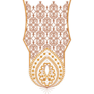 Geometric Neck Embroidery Design with Interlocking Lattice Pattern and Ornamental Arch Motif