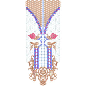 Stylized Neck Embroidery Design with V-Shaped Pattern, Decorative Panels, and Ornamental Scroll Base