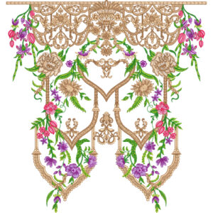 Heavy Ornamental Neck Embroidery Design with Baroque Scrollwork and Rich Floral Arrangement