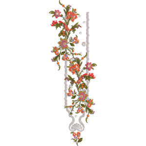 Asymmetrical Floral Neck Embroidery Design with Flowing Vine Arrangement and Delicate Lace-Style Edge