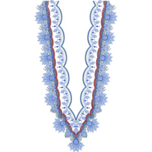 Scalloped V-Neck Embroidery Design with Blue Floral Borders and Intricate Lace Detailing