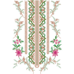 Symmetrical Floral Neck Embroidery Design with Decorative Central Panel and Side Vine Accents
