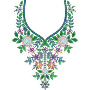 Colorful Floral Neck Embroidery Design with V-Shaped Layout and Symmetrical Leafy Arrangement